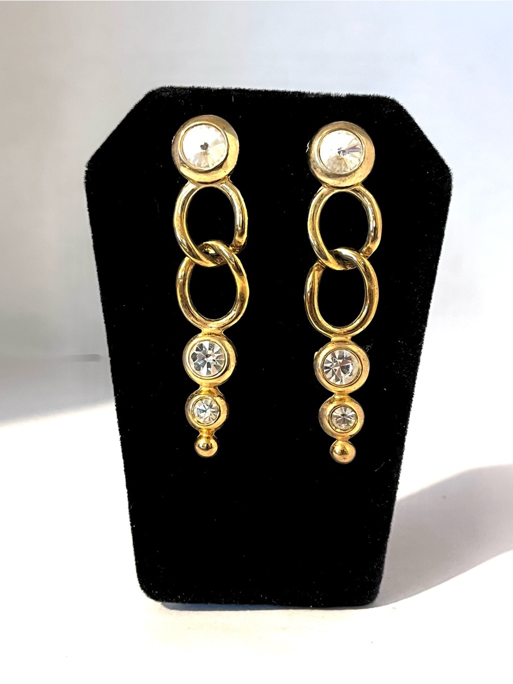 Vintage Large Gold Tone Dangle Earrings with Clear Rhinestones, Formal, Bridal